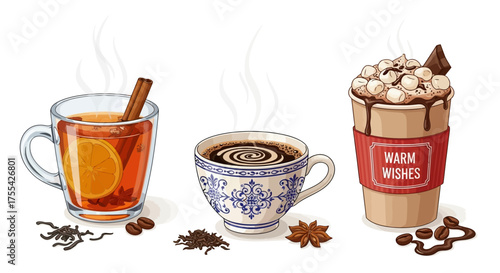 A Collection of Hot Beverages Mulled Wine, Coffee, and Hot Chocolate in Decorative Cups and Mugs