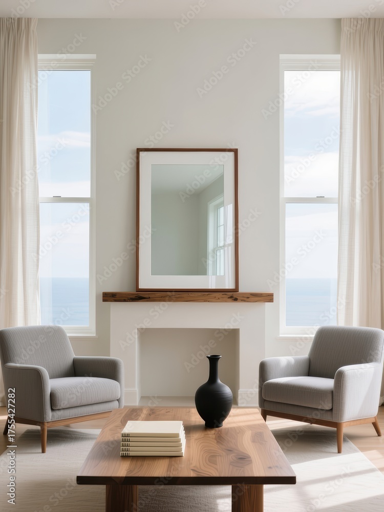 Fototapeta premium Mockup poster frame in minimalist coastal living room with natural light, wooden furniture, and modern neutral interior design