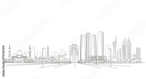Cityscape Skyline Drawing Modern Architectural Landmarks & City Buildings, Line Art Design
