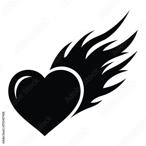 Black heart with flames vector graphic on white background Keywords: heart, love, flame, fire