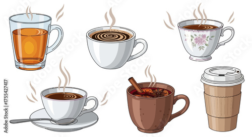 Diverse selection of steaming hot beverages, including coffee, tea, and seasonal drinks, presented in various cups and mugs for warmth and comfort