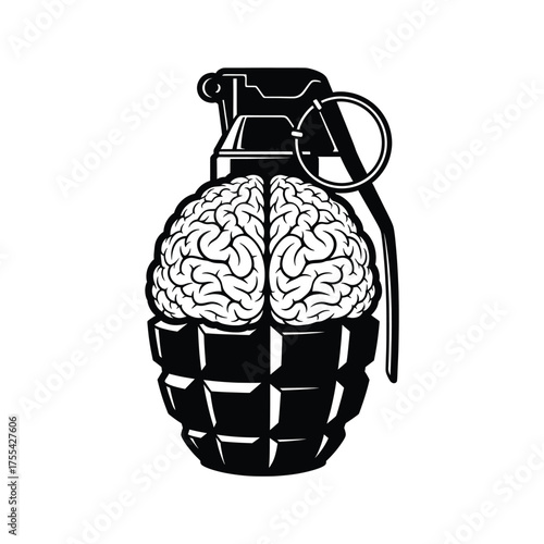 Black Silhouette of Grenade with Human Brain on White Background mind intelligence
