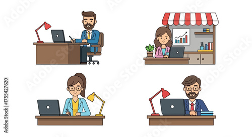A modern vector set of office workers and entrepreneurs at their workplaces. Business people characters working on laptops