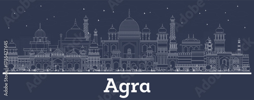 Outline Agra India City Skyline with white Buildings. Illustration. Business Travel and Tourism Concept with Historic Architecture. Agra Uttar Pradesh Cityscape with Landmarks.