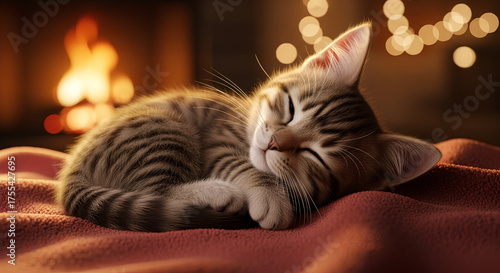 Adorable tabby kitten peacefully sleeping on a soft red blanket in front of a warm, blurry fireplace, creating a cozy and serene atmosphere perfect for a winter evening