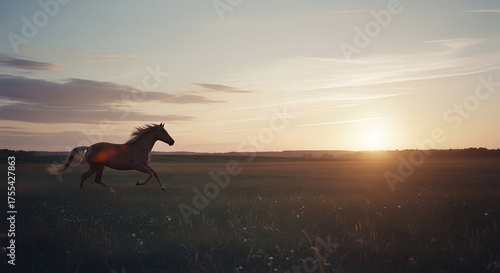 Wallpaper Mural A beautiful chestnut horse gallops with power and grace across a wide-open pasture as the sun sets on the horizon, creating a serene and picturesque scene Torontodigital.ca