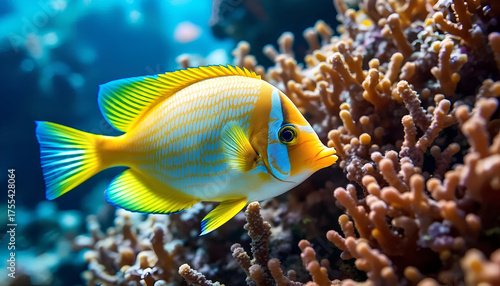 Captivating underwater photography captures a stunning yellow tang fish with brilliant blue markings swimming amidst a vibrant orange coral reef