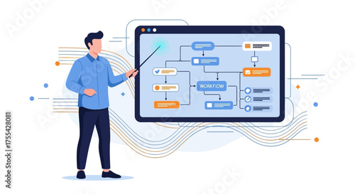 Illustrative Businessman Explaining Workflow Chart Demonstrating Digital Process and Its Phases
