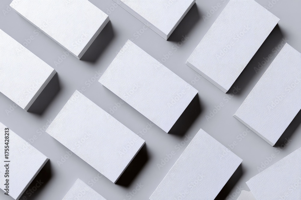 Obraz premium Overhead shot of several rectangular, white business cards arranged on a light gray surface