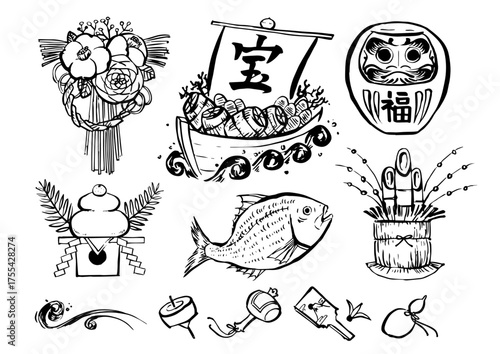 正月　筆 線画 イラスト セット　ベクター