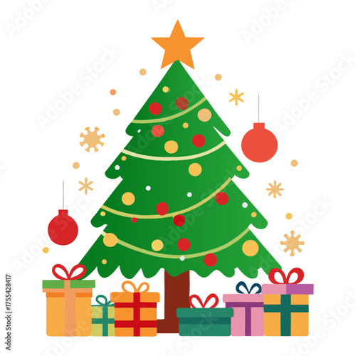 Festive christmas tree adorned with ornaments and gifts under a star