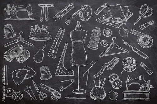 Sewing tools seamless set on black background. Sketch of shuttle, hanger, straight pin, needle, measuring tape, trouser zipper, button, on chalk board. Line art of sewing equipment on black board