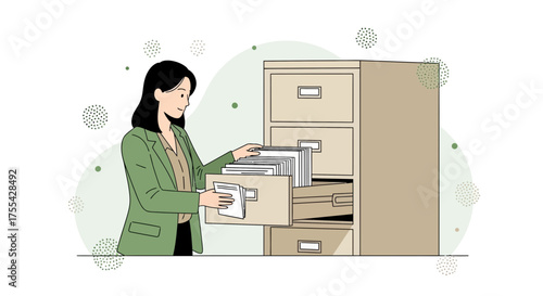 Office Employee Organizes Documents in Filing Cabinet Illustration with Soft Color Palette