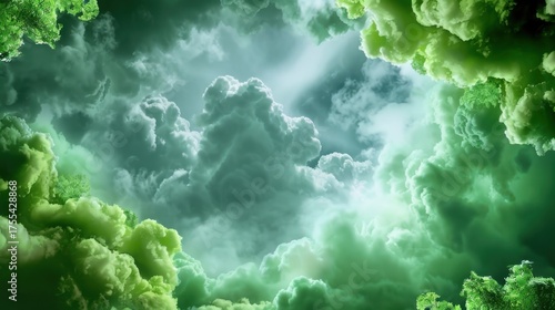 Mysterious Green Clouds with Dramatic Light and Shadow in a Surreal Sky Landscape