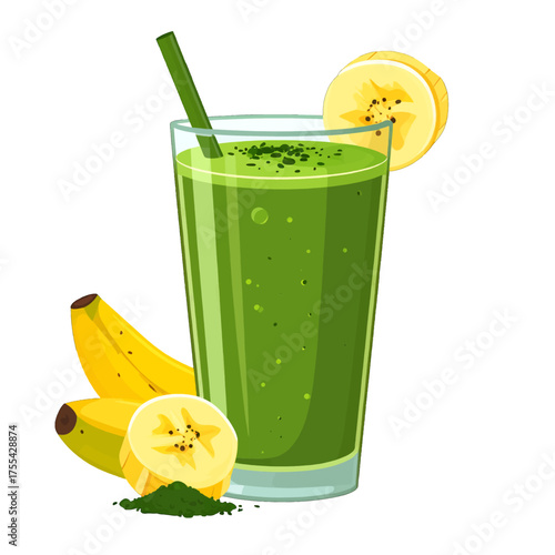 Green Smoothie in Tall Glass with Banana Slices and Green Straw Pixel Art Style Illustration on a White Background