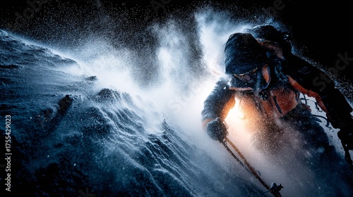Climber Battling Harsh Winter Storm in Mountain Wilderness