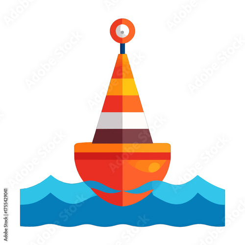 Floating Red Buoy with Striped Cone Topper in Blue Water Illustration Vector Art with Clean Lines and Smooth Gradients for Adobe Stock