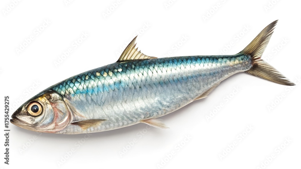 Fototapeta premium Fresh sardine fish isolated on white reflective surface with detailed scales