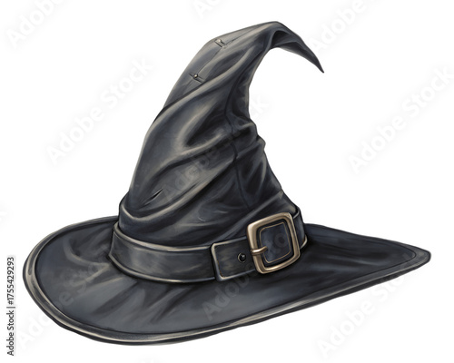 Classic black witch hat with buckle and folds, detailed texture and shadow,