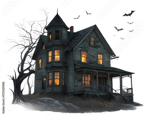 Old spooky haunted house with glowing windows, bats flying around, dark silhouette style