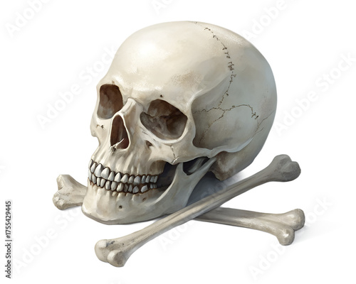 White human skull with crossbones underneath, slight shadow and lighting, horror Halloween theme,