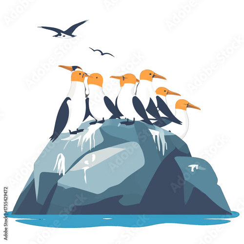 Group of Penguins Standing on Rock Under a Blue Sky with Pixel Art Style Texture and Water Reflections with Pixel Art Birds Flying