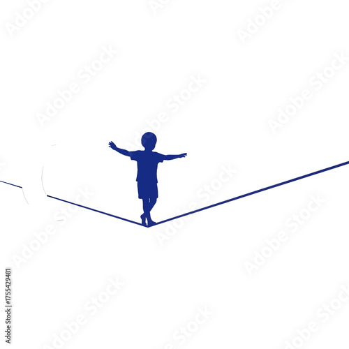 Silhouette of a Child Walking a Tightrope on White Background. Balancing Figure in Dark Blue Color. Isolated Image of Confidence and Skill.