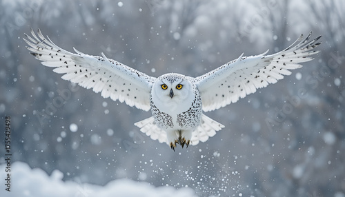 Snowy Owl Flying Over White Winter Field in Bright Daylight