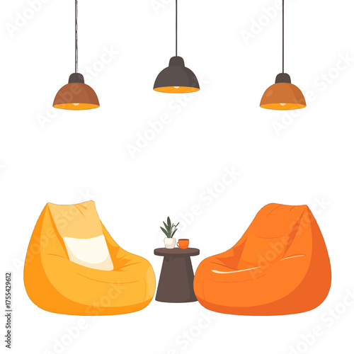 Comfortable Interior Scene with Beanbag Chairs and Hanging Pendant Lights on a White Background