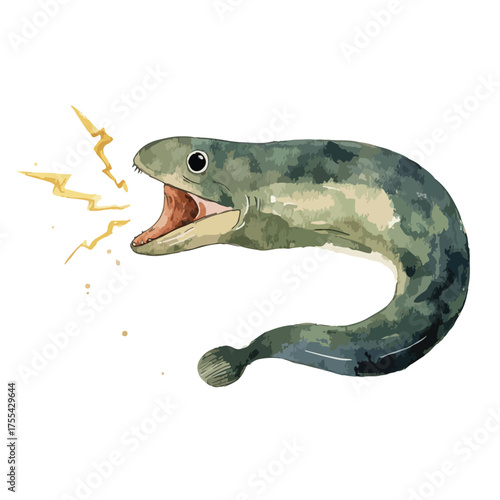 Dynamic Electric Eel Watercolor Illustration with Lightning.