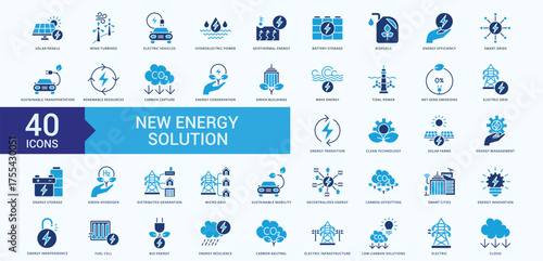 New Energy Solution icon collection set with energy efficiency, carbon capture, green energy, wind turbines, wave energy, turbine energy