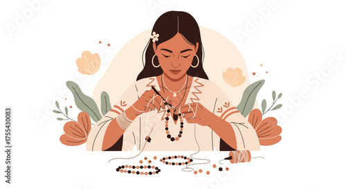 Artisan Crafting a Necklace; Decorative Floral Elements and Boho Aesthetic Included