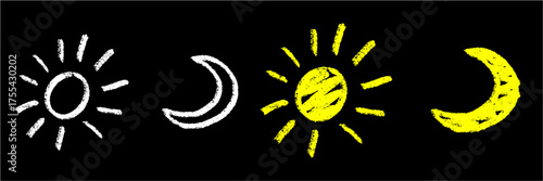 Set chalk hand-drawn moon and sun vector. Ideal for weather, day and night, and celestial themes. This graphic set symbolizes time, astronomy, and cosmic elements with a unique, sketchy aesthetic.