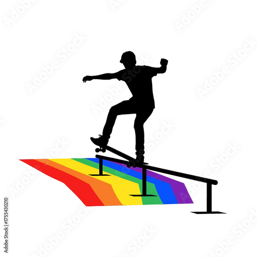 Silhouette of Skateboarder Grinding on a Multi Colored Rail Against a Plain Background Graphic Style Illustration Black Clothing and Helmet Isolated