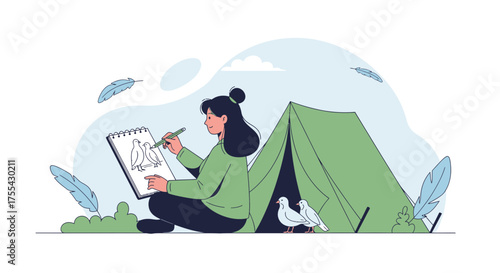 Artist Capturing Bird Study Near Camping Tent, Outdoors Sketching Illustration