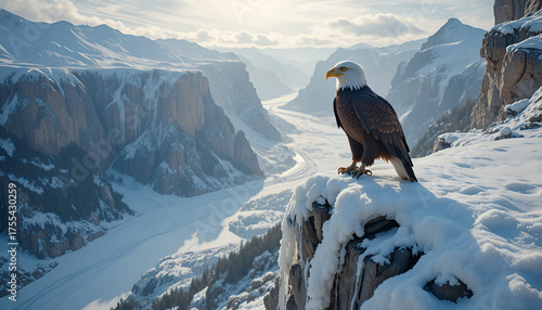 : Majestic Eagle Perched on Snowy Cliff Edge Overlooking Frozen Valley in Winter Sunlight