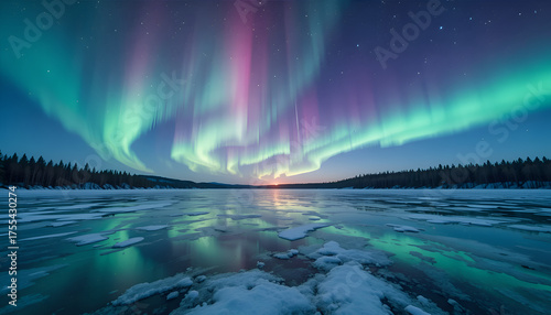 Aurora Borealis Over Frozen Lake with Starry Night Sky