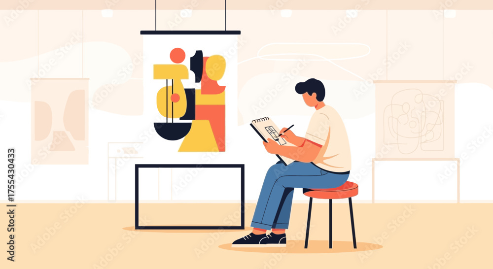 Fototapeta premium Artist Sketching In An Art Gallery, Observing And Reproducing Creative Masterpieces