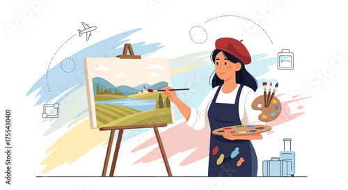 Artist Painting Landscape Inspiring Travel Hopes Depicted With Airplane And Luggage
