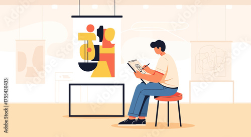 Artist Sketching In An Art Gallery, Observing And Reproducing Creative Masterpieces