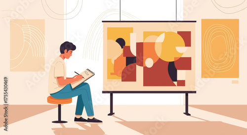 Artist Sketching Abstract Paintings In A Modern Art Gallery Illustrative Scene