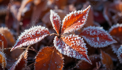 Frost Crystals on Autumn Leaves in Winter Morning Light
