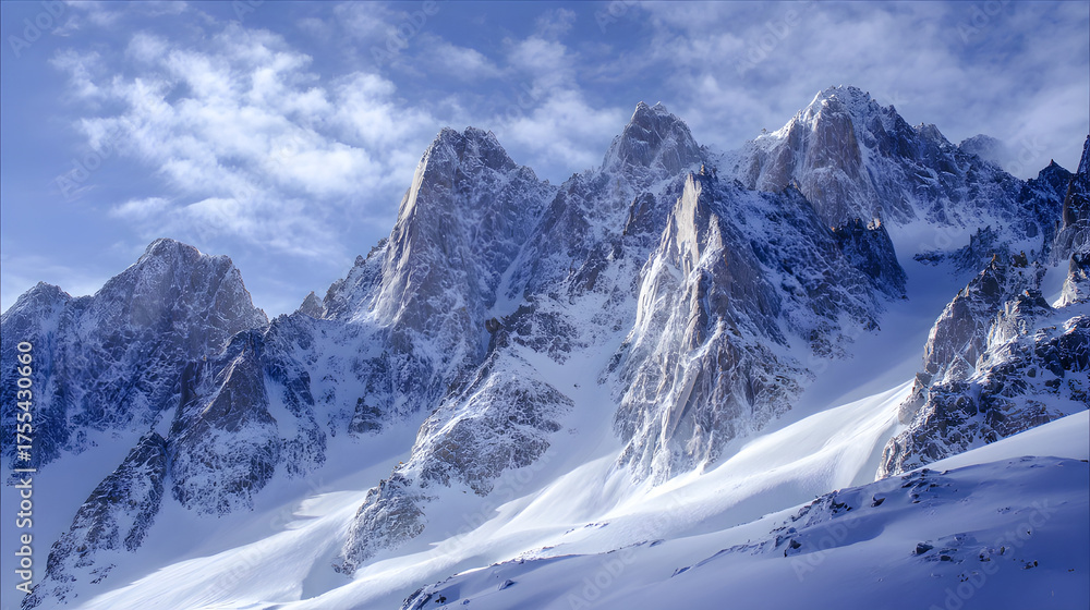 Fototapeta premium Snow-covered mountain peaks under a clear sky. Majestic snow-covered mountain peaks under clear blue sky in winter landscape. Adventure and travel photography.