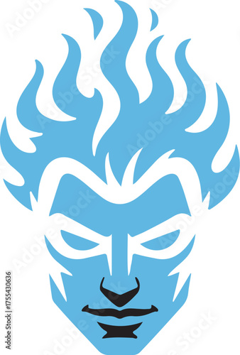 Mysterious face with flames for hair is a powerful and enigmatic figure isolated on white