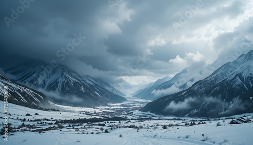 : Snowstorm over Frozen Mountain Valley with Dramatic Clouds