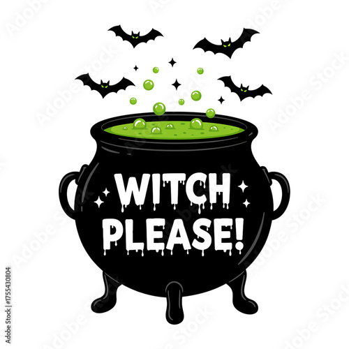 Black cauldron with typography green bubbling potion and bats flying halloween funny witchcraft  design