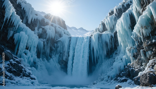 Frozen Waterfall and Blue Ice Canyon with Sun Rays