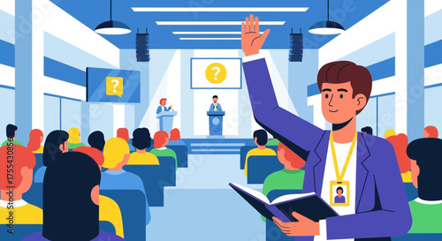 Audience Member Raises Hand During Interactive Presentation In A Modern Conference Hall