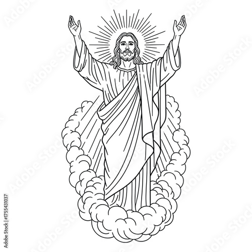 Jesus Christ ascending with arms raised and radiant light ascension divine