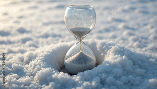 Transparent Glass Hourglass Half-Buried in Snow with Ice Forming Inside — Symbol of Frozen Time